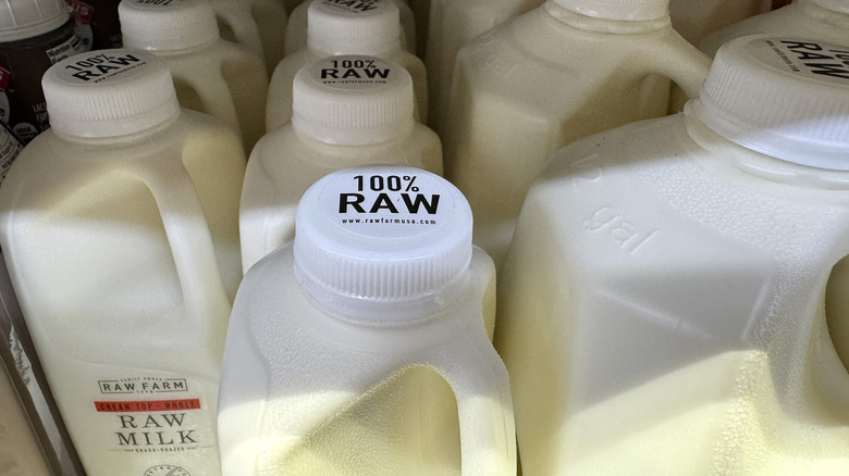 Cartons of raw milk on a refrigerated grocery shelf