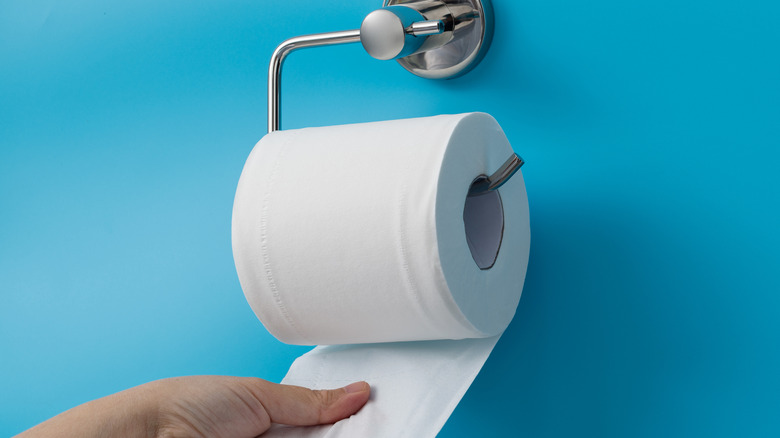 man's hands pulling on a roll of toilet paper