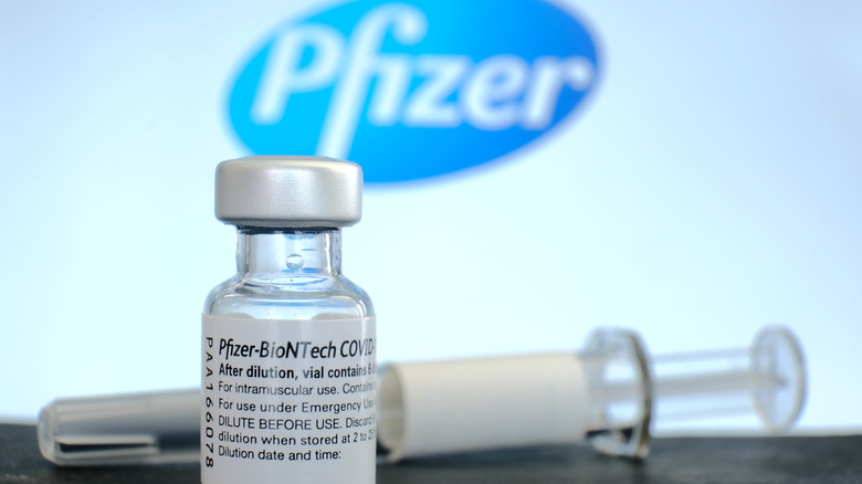 Bottle of Pfizer-BioNTech Covid-19 vaccine with Pfizer trademark