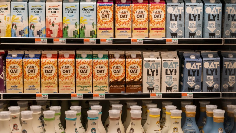 oat milks on shelf in store