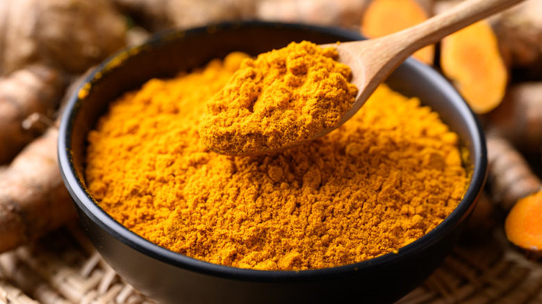 Poudre de curcuma et racine de curcuma