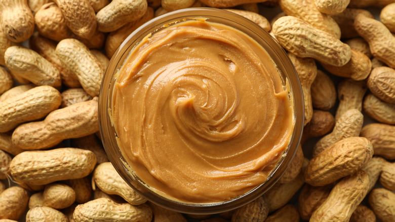 Peanut butter in bowl surrounded by peanuts