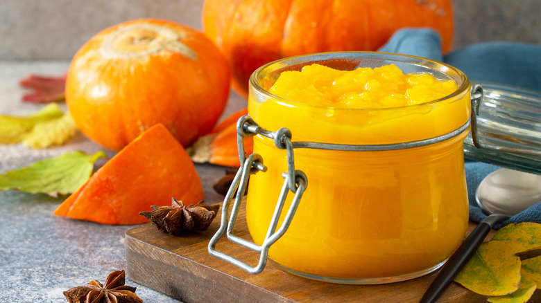 Pureed pumpkin in a glass jar 