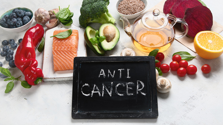 Anti Cancer sign with cancer-fighting foods