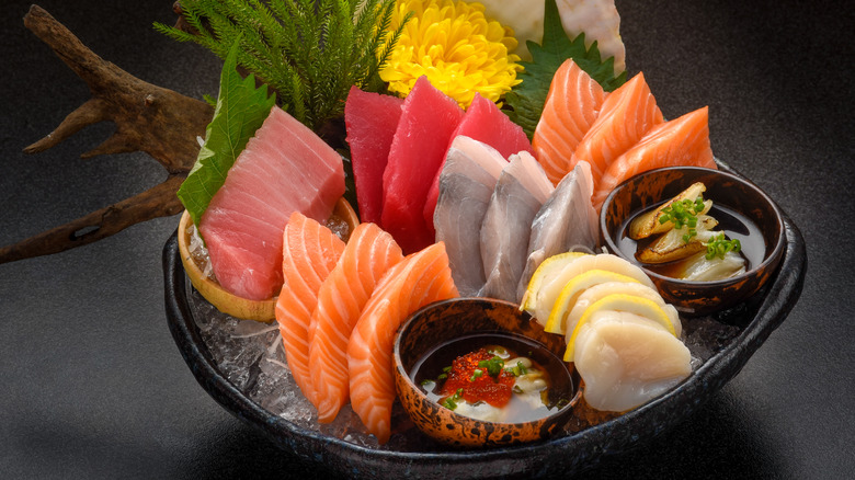 A bowl of raw fish for sushi