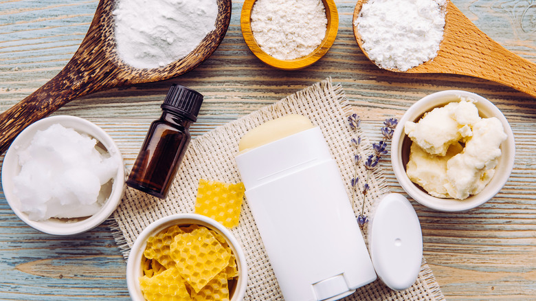 a table with filled with underarm care items