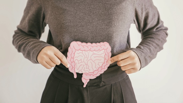 Woman holding up digestive system