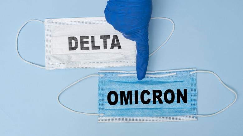 Face masks with 'Delta' and 'Omicron' written on them