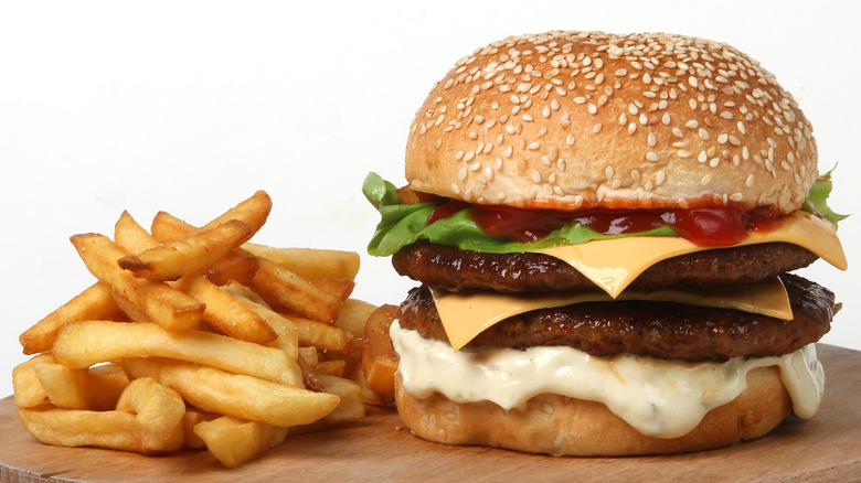 double beef burger with french fries 