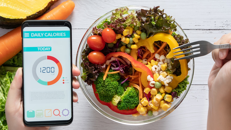 calorie counter app with bowl of vegetables