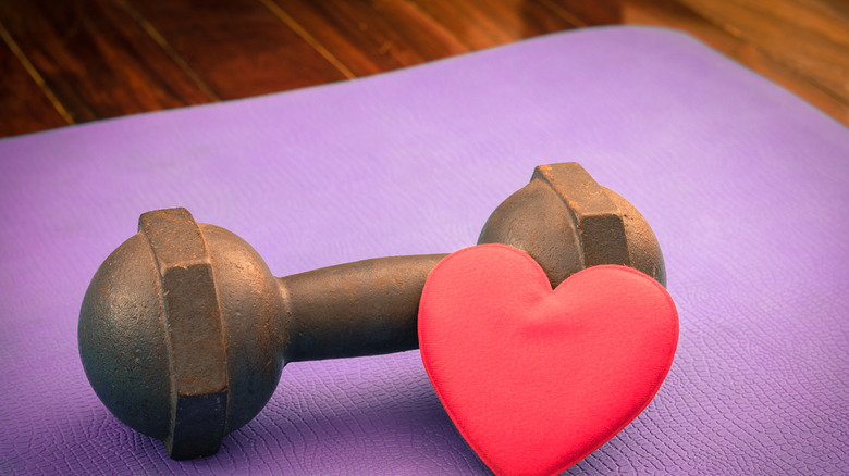 a dumbbell and model of the heart