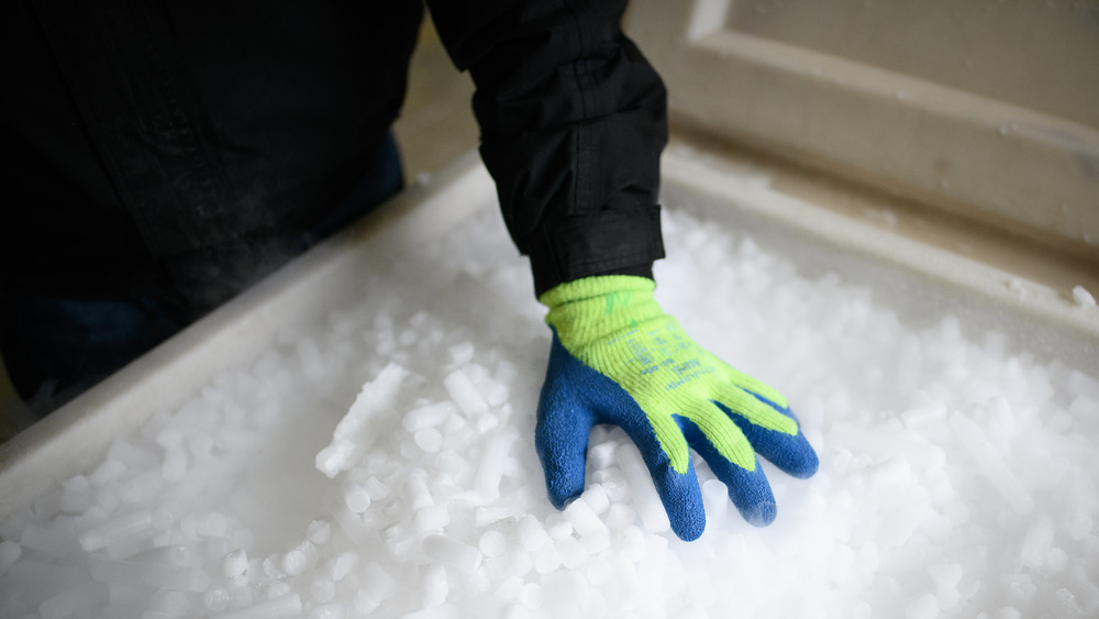 Closeup of dry ice pellets in a facility in England