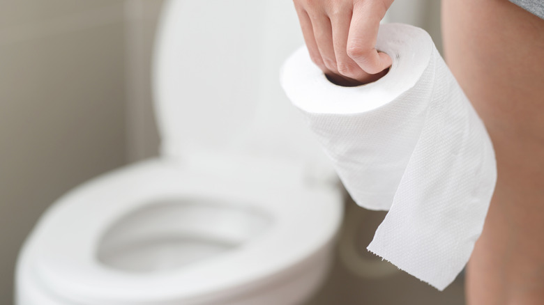 woman's hand holding a roll of toilet paper in front of toilet