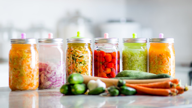 fermented foods on a kitchen counter