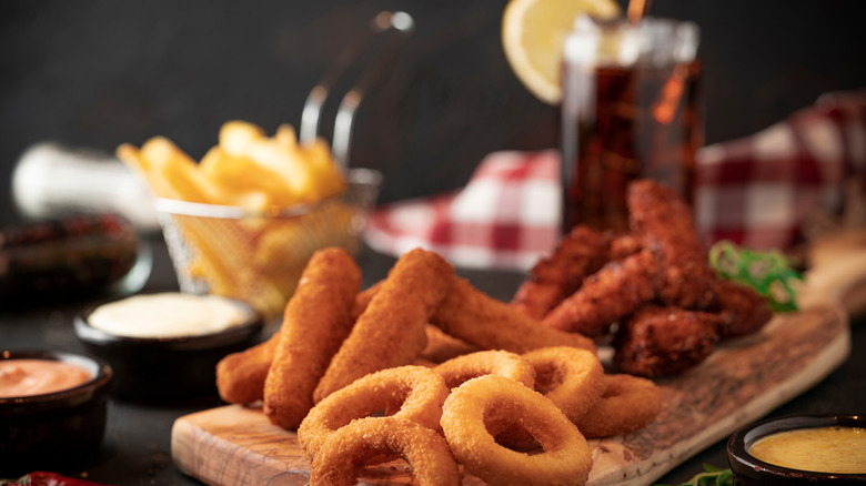 onion rings, cheese sticks, fries