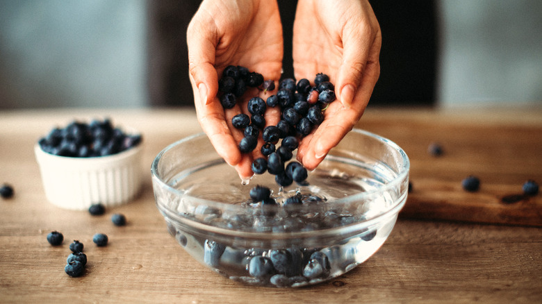 woman's hands rinsing blueberries on a counter