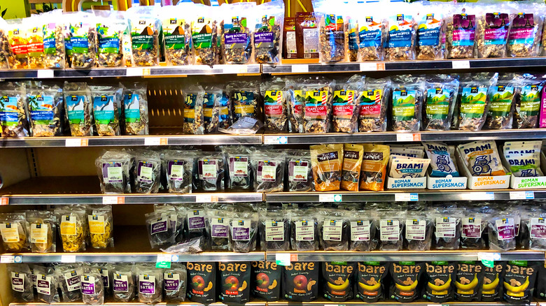 Rows of trail mix on store shelves