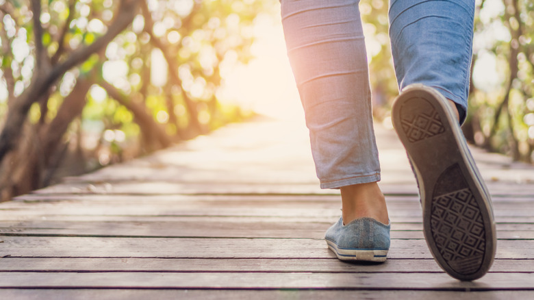 Person walking on a small wooden bridge