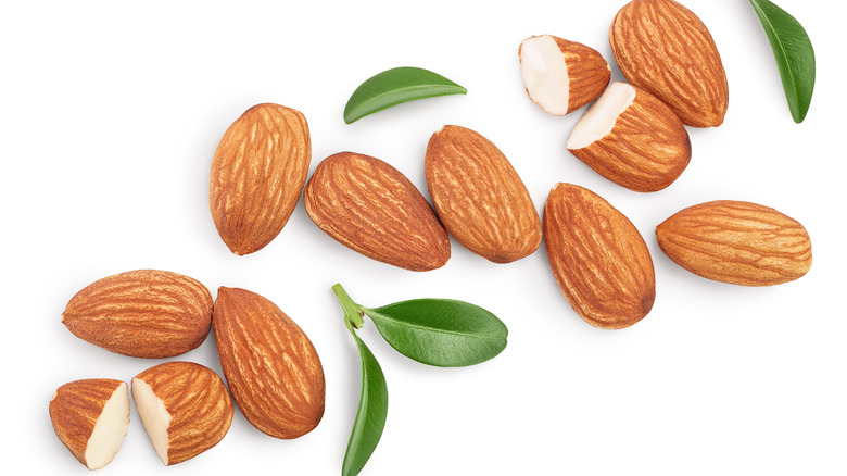 Almond nuts and leaves spread out across a white background