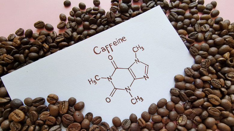 A piece of paper with the formula for caffeine in a pile of coffee beans