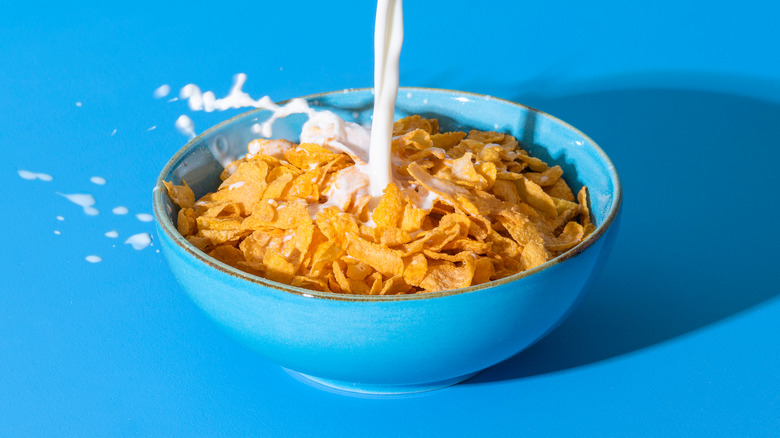 Milk being poured into a blue bowl filled with cereal against a blue surface