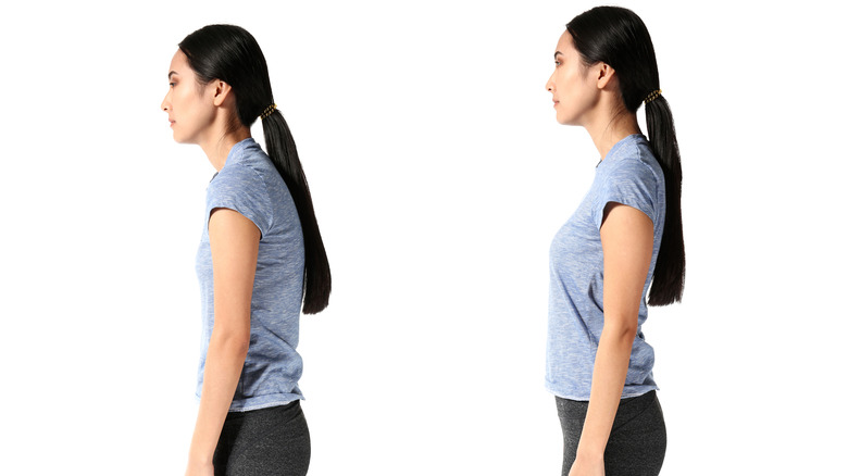 woman showing bad and good posture