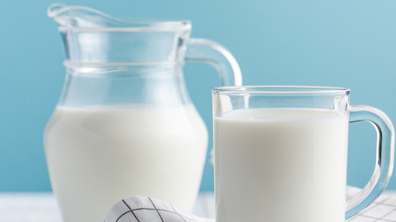 glass and pitcher of milk on blue background