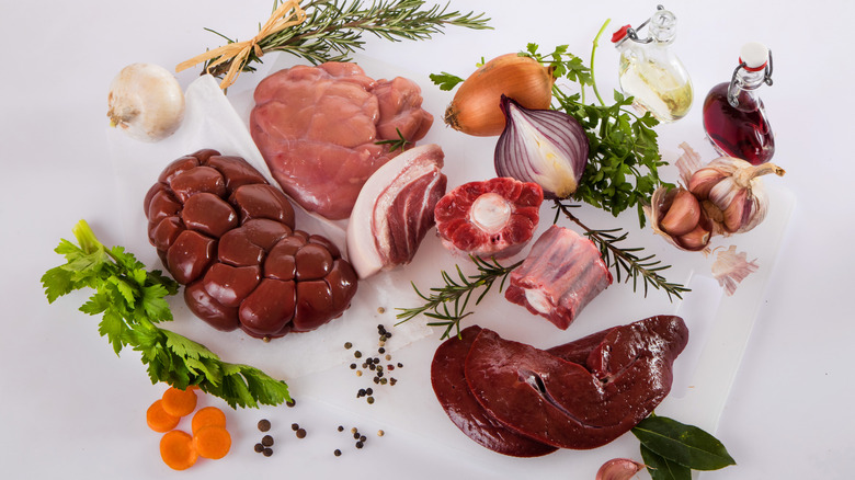 A variety of organ meats in an aesthetic display