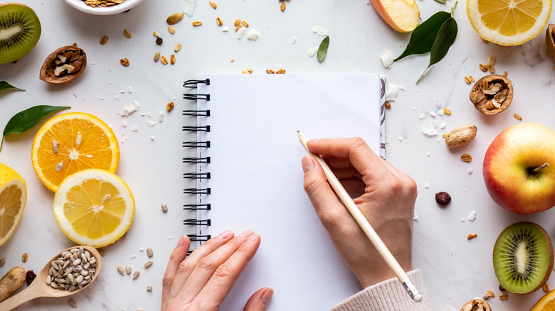 writing a meal plan in a notebook