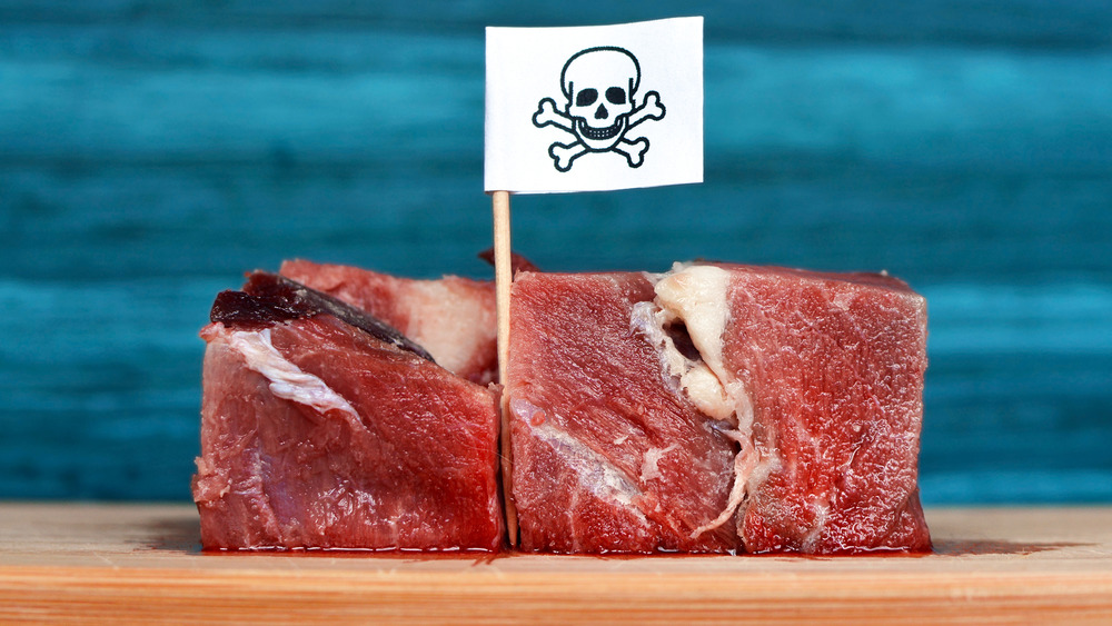 Red meat with skull and crossbones flag